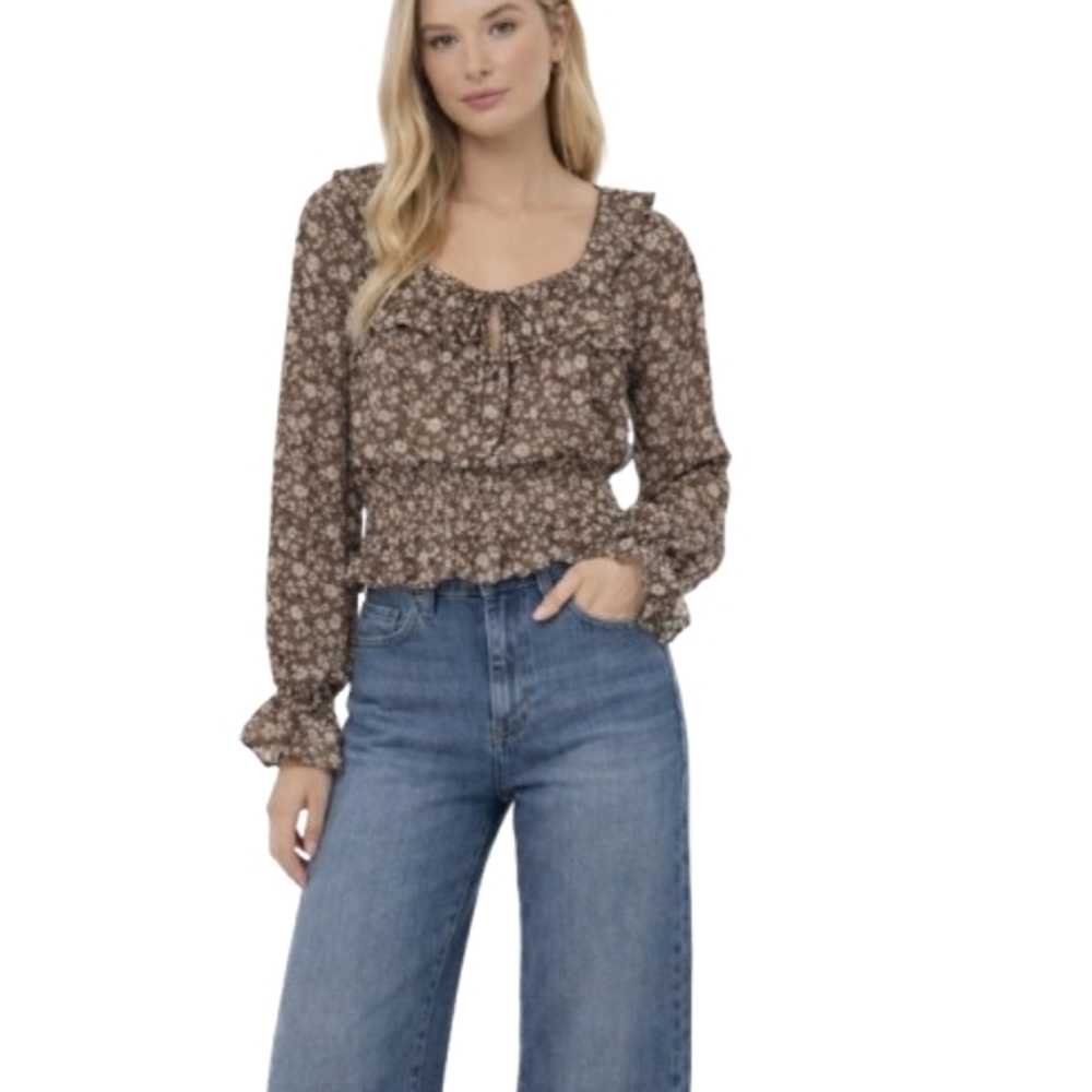 NWT Bohme Brown Floral Keyhole Tie Front Ruffles Smocking Size S Sheer Sleeves